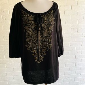 BLACK BOHO PEASANT BLOUSE LARGE FROM 7 WONDERS GOLD EMBROIDERY WHIMSIGOTH